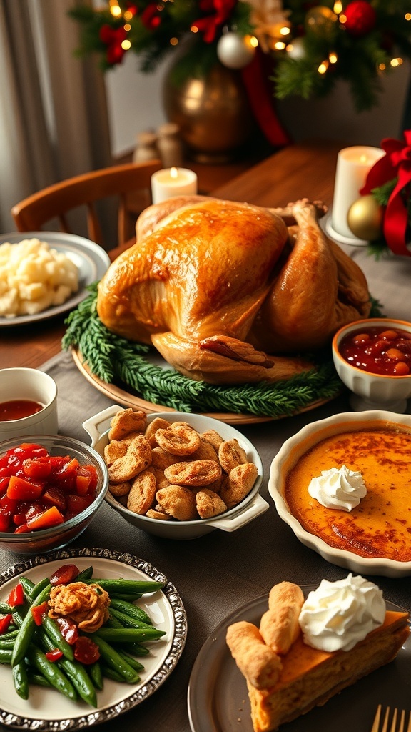 A festive Christmas dinner table with roasted turkey, mashed potatoes, green beans, cranberry sauce, and pumpkin pie.
